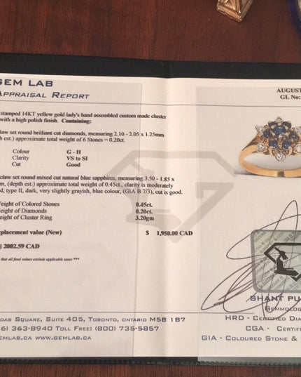 14k Gold Sapphire Diamond cluster ring w-appraisal