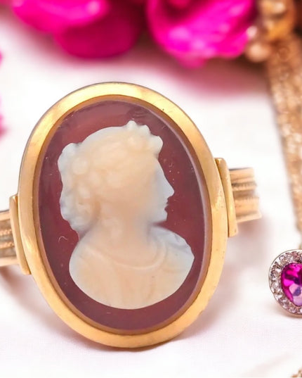 ANTIQUE VICTORIAN HIGH RELIEF CARNELIAN CAMEO RING 10K YELLOW GOLD SIZE 6 1800s