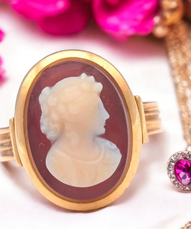 ANTIQUE VICTORIAN HIGH RELIEF CARNELIAN CAMEO RING 10K YELLOW GOLD SIZE 6 1800s