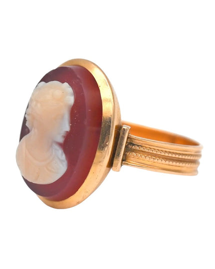 ANTIQUE VICTORIAN HIGH RELIEF CARNELIAN CAMEO RING 10K YELLOW GOLD SIZE 6 1800s