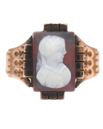 ANTIQUE VICTORIAN CARVED CARNELIAN CAMEO RING 10K YELLOW GOLD SIZE 6.5 1800s