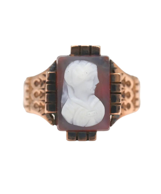 ANTIQUE VICTORIAN CARVED CARNELIAN CAMEO RING 10K YELLOW GOLD SIZE 6.5 1800s
