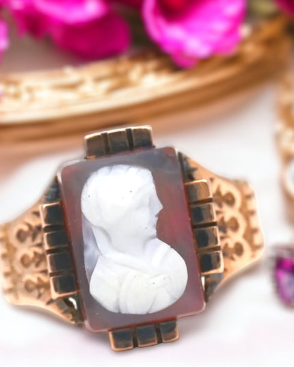 ANTIQUE VICTORIAN CARVED CARNELIAN CAMEO RING 10K YELLOW GOLD SIZE 6.5 1800s