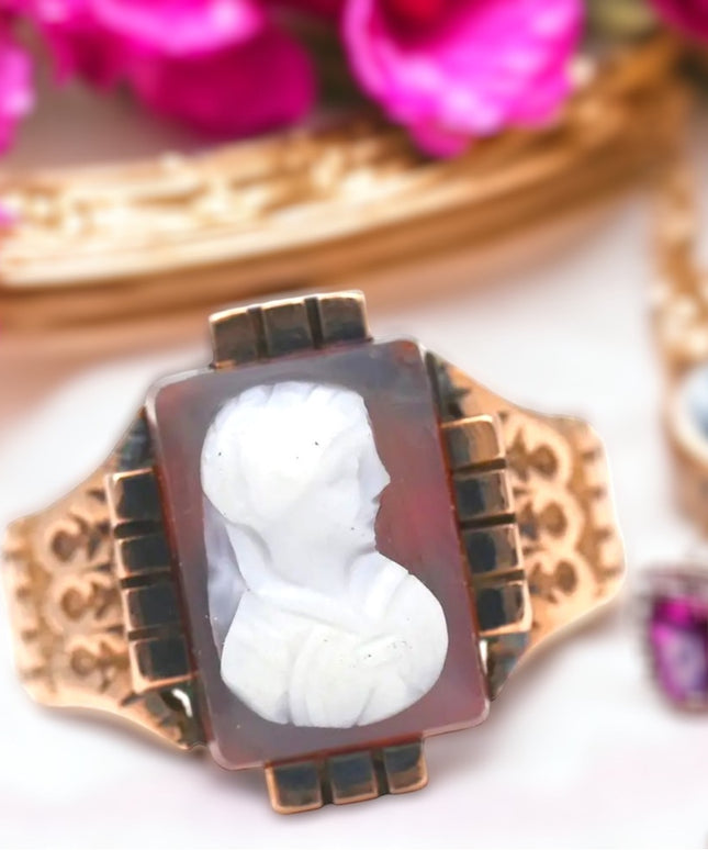 ANTIQUE VICTORIAN CARVED CARNELIAN CAMEO RING 10K YELLOW GOLD SIZE 6.5 1800s