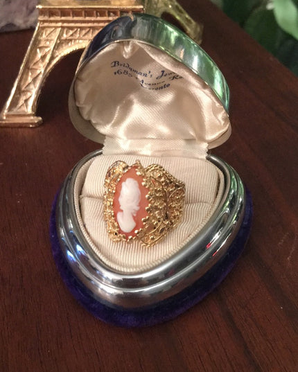 Vintage 14k Yellow Gold Shell Cameo filagree cocktail ring w/appraisal