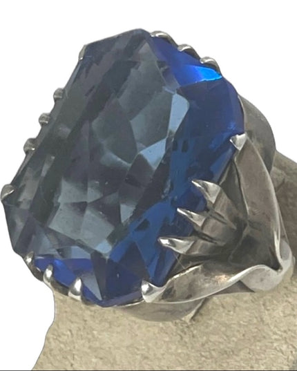 Antique sterling silver blue glass chunky handmade ring Sz7