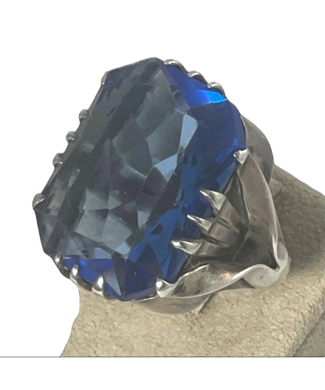 Antique sterling silver blue glass chunky handmade ring Sz7