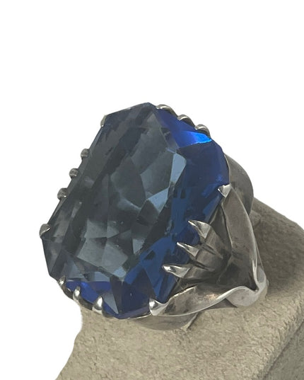 Antique sterling silver blue glass chunky handmade ring Sz7