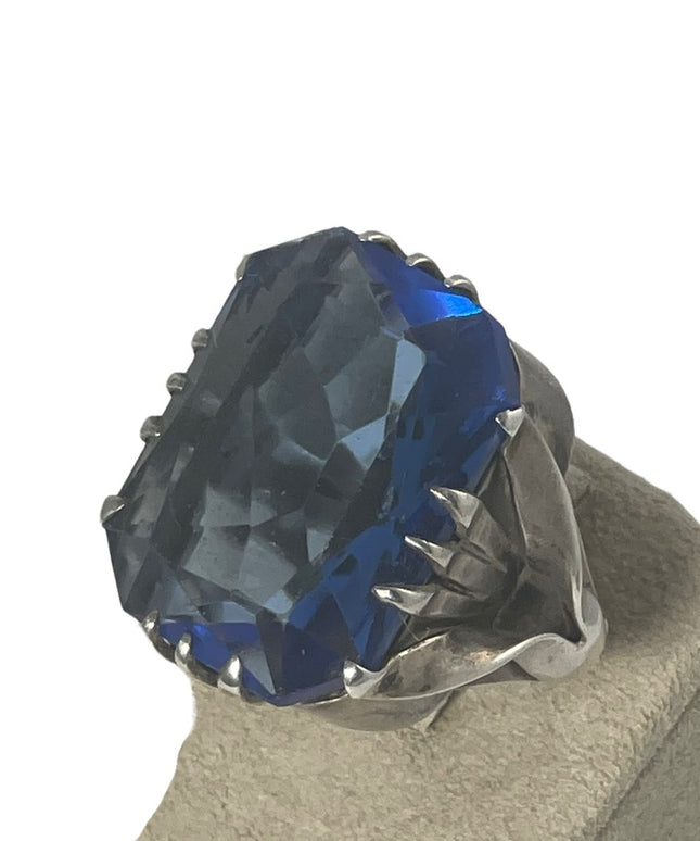 Antique sterling silver blue glass chunky handmade ring Sz7