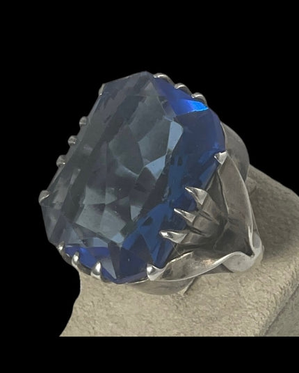 Antique sterling silver blue glass chunky handmade ring Sz7