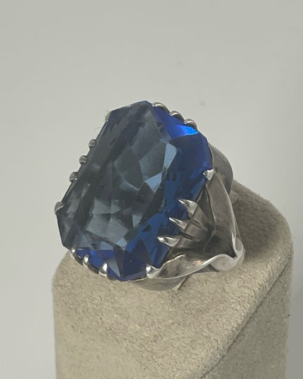 Antique sterling silver blue glass chunky handmade ring Sz7