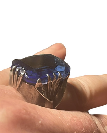 Antique sterling silver blue glass chunky handmade ring Sz7