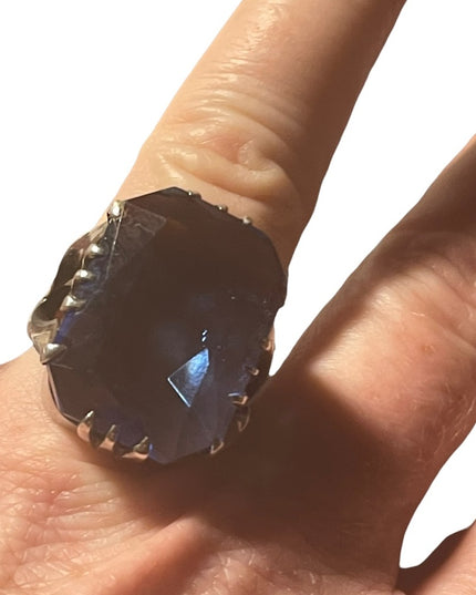 Antique sterling silver blue glass chunky handmade ring Sz7