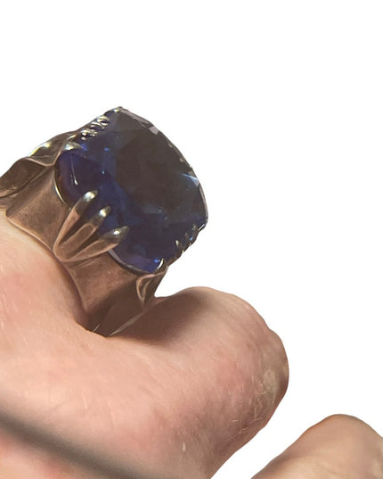 Antique sterling silver blue glass chunky handmade ring Sz7