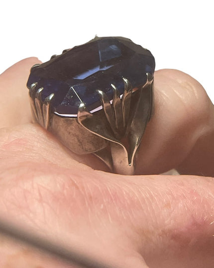 Antique sterling silver blue glass chunky handmade ring Sz7