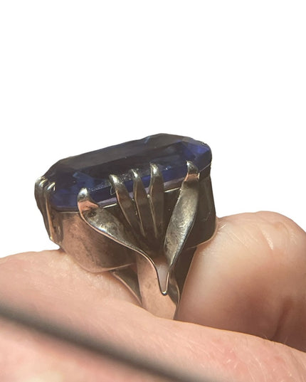 Antique sterling silver blue glass chunky handmade ring Sz7