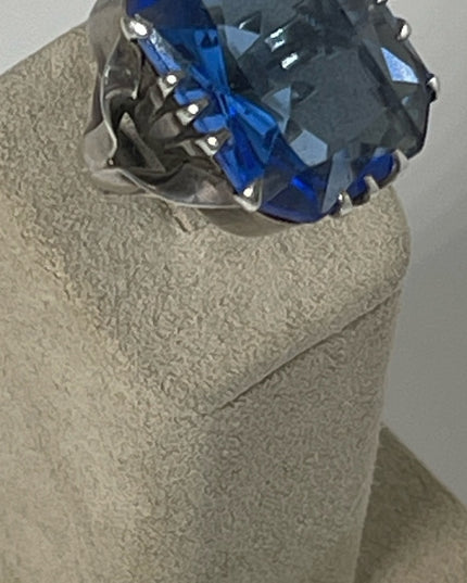 Antique sterling silver blue glass chunky handmade ring Sz7
