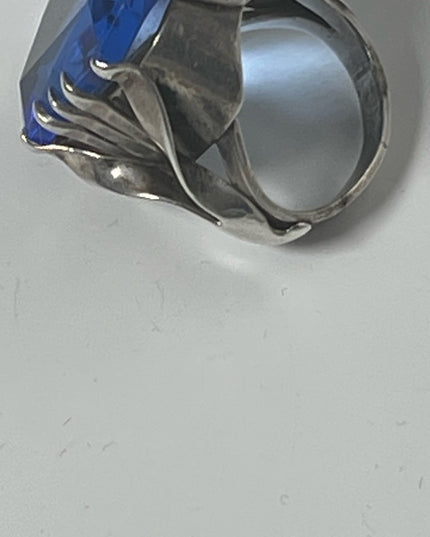 Antique sterling silver blue glass chunky handmade ring Sz7
