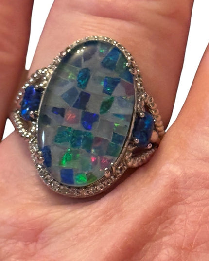 MULTI COLOR MOSAIC OPAL TRIPLET RHODIUM STERLING SILVER RING 925