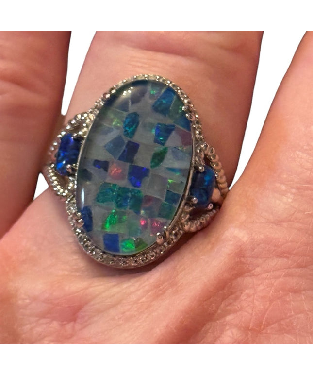 MULTI COLOR MOSAIC OPAL TRIPLET RHODIUM STERLING SILVER RING 925