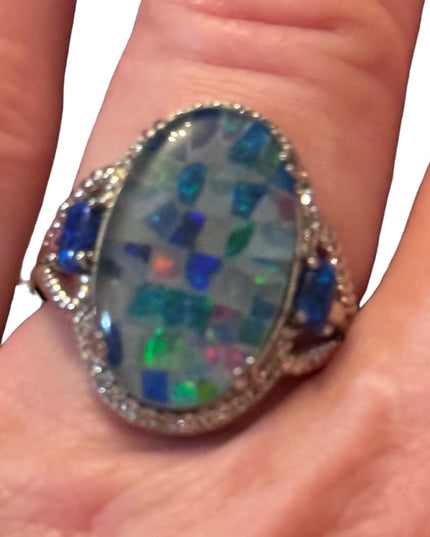 MULTI COLOR MOSAIC OPAL TRIPLET RHODIUM STERLING SILVER RING 925