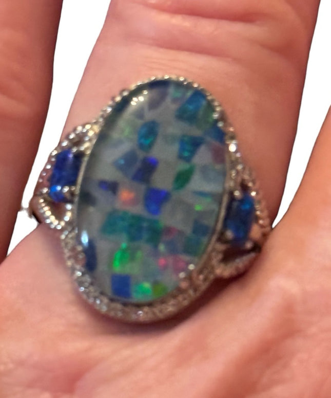 MULTI COLOR MOSAIC OPAL TRIPLET RHODIUM STERLING SILVER RING 925