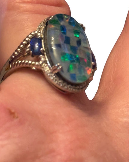 MULTI COLOR MOSAIC OPAL TRIPLET RHODIUM STERLING SILVER RING 925