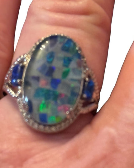 MULTI COLOR MOSAIC OPAL TRIPLET RHODIUM STERLING SILVER RING 925