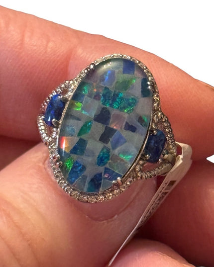 MULTI COLOR MOSAIC OPAL TRIPLET RHODIUM STERLING SILVER RING 925