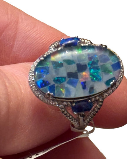 MULTI COLOR MOSAIC OPAL TRIPLET RHODIUM STERLING SILVER RING 925