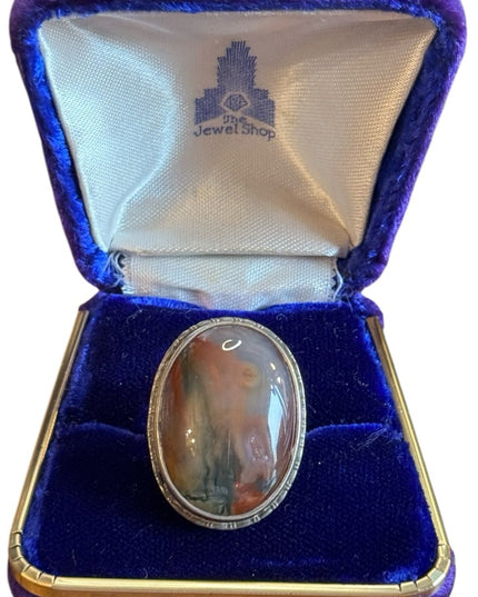 Antique 1920s Art Deco Large oval Scottish Moss Agate Stone ring