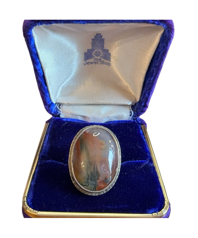 Antique 1920s Art Deco Large oval Scottish Moss Agate Stone ring