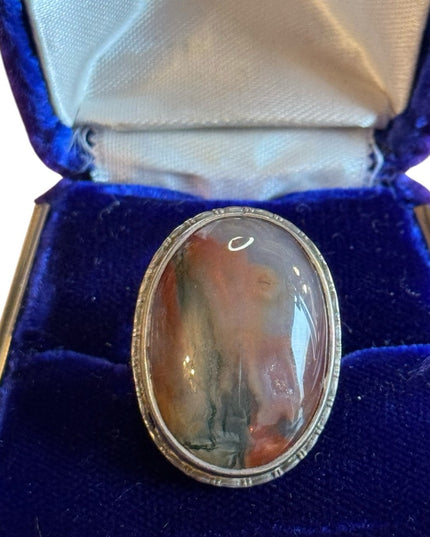 Antique 1920s Art Deco Large oval Scottish Moss Agate Stone ring