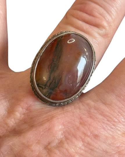 Antique 1920s Art Deco Large oval Scottish Moss Agate Stone ring