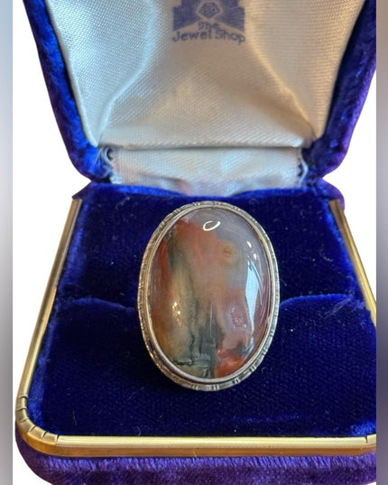 Antique 1920s Art Deco Large oval Scottish Moss Agate Stone ring