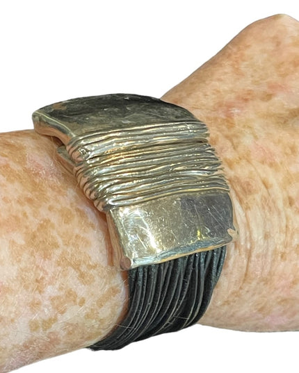 Sterling silver Modernist 925 Israel bracelet multi strand leather strap Handmad