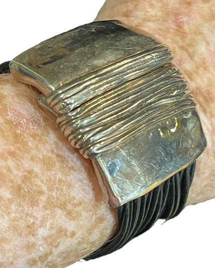 Sterling silver Modernist 925 Israel bracelet multi strand leather strap Handmad