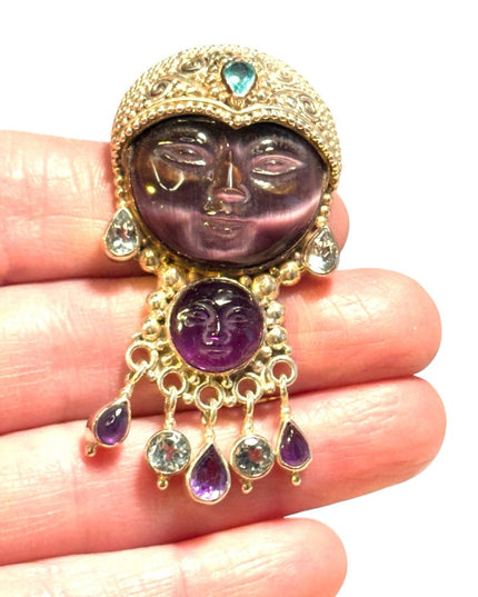 Stunning carved amethyst GODDESS sterking silver topaz Sajen pendant brooch