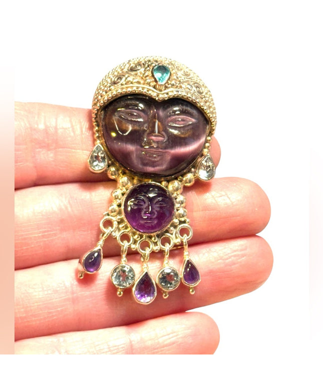 Stunning carved amethyst GODDESS sterking silver topaz Sajen pendant brooch