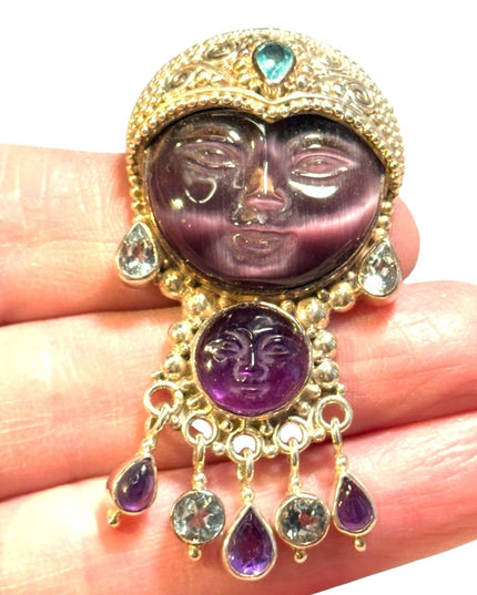 Stunning carved amethyst GODDESS sterking silver topaz Sajen pendant brooch