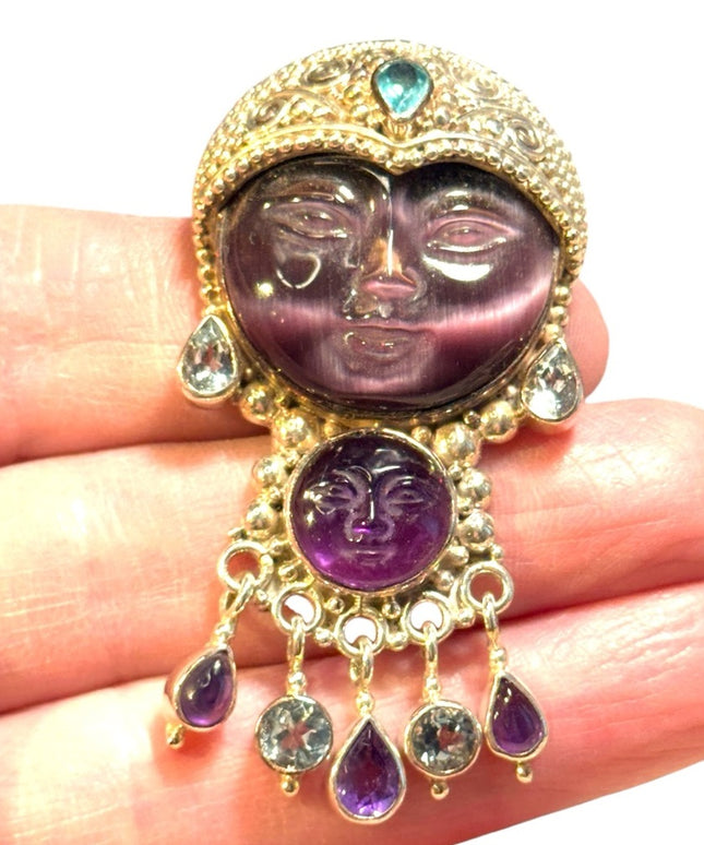 Stunning carved amethyst GODDESS sterking silver topaz Sajen pendant brooch
