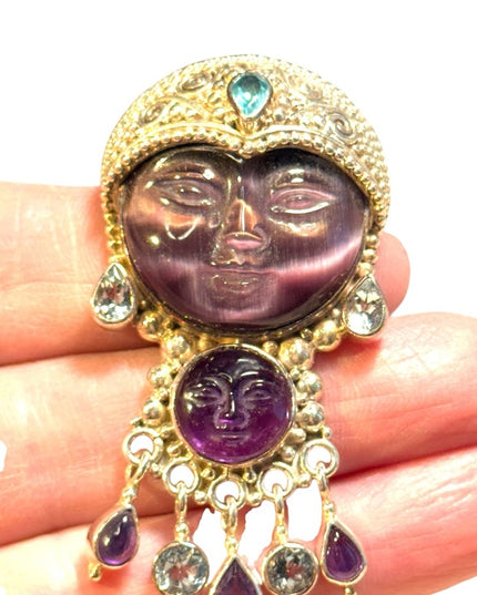Stunning carved amethyst GODDESS sterking silver topaz Sajen pendant brooch