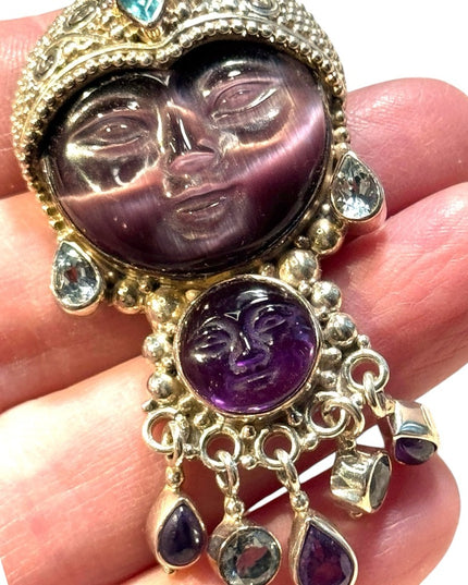 Stunning carved amethyst GODDESS sterking silver topaz Sajen pendant brooch