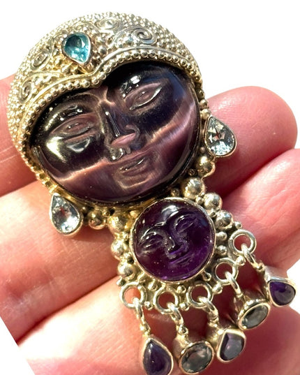 Stunning carved amethyst GODDESS sterking silver topaz Sajen pendant brooch