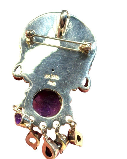 Stunning carved amethyst GODDESS sterking silver topaz Sajen pendant brooch