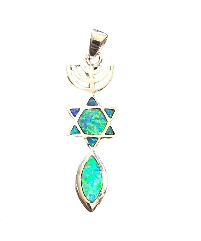 Sterling silver 925 fire opal Star of David Jewish pendant Jerusalem Mes…