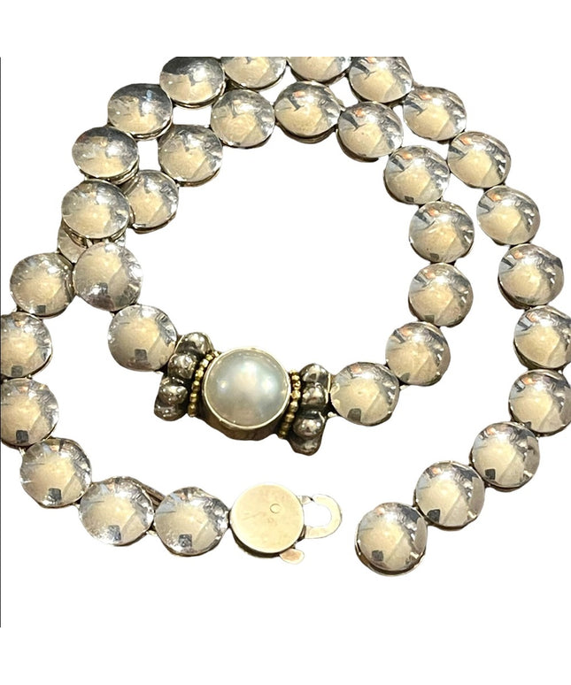 Lagos Caviar 925 Sterling silver 18k Gold Mabe Pearl Disc HEAVY necklace Vintage