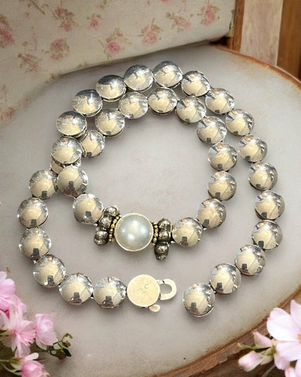 Lagos Caviar 925 Sterling silver 18k Gold Mabe Pearl Disc HEAVY necklace Vintage