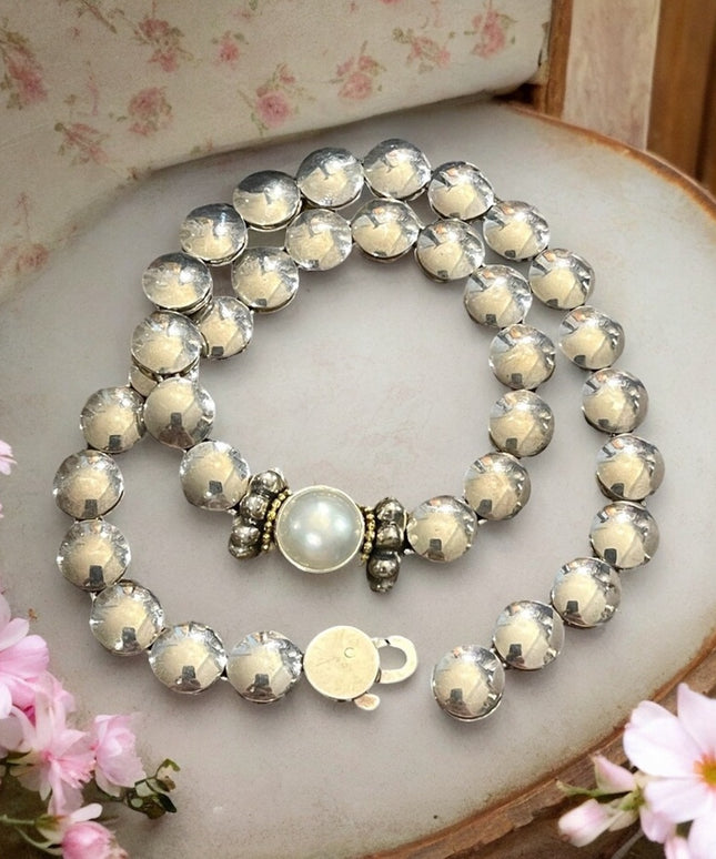 Lagos Caviar 925 Sterling silver 18k Gold Mabe Pearl Disc HEAVY necklace Vintage