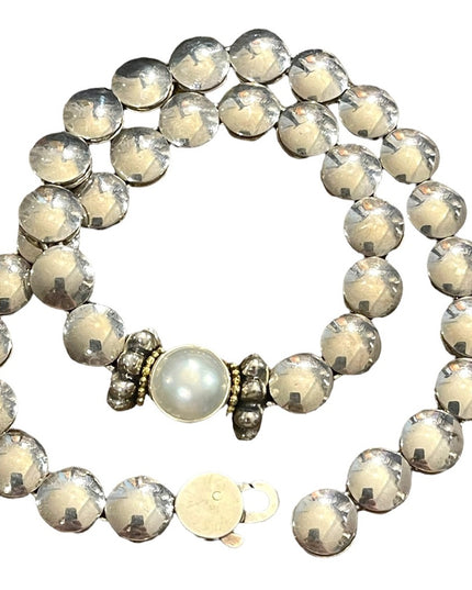 Lagos Caviar 925 Sterling silver 18k Gold Mabe Pearl Disc HEAVY necklace Vintage